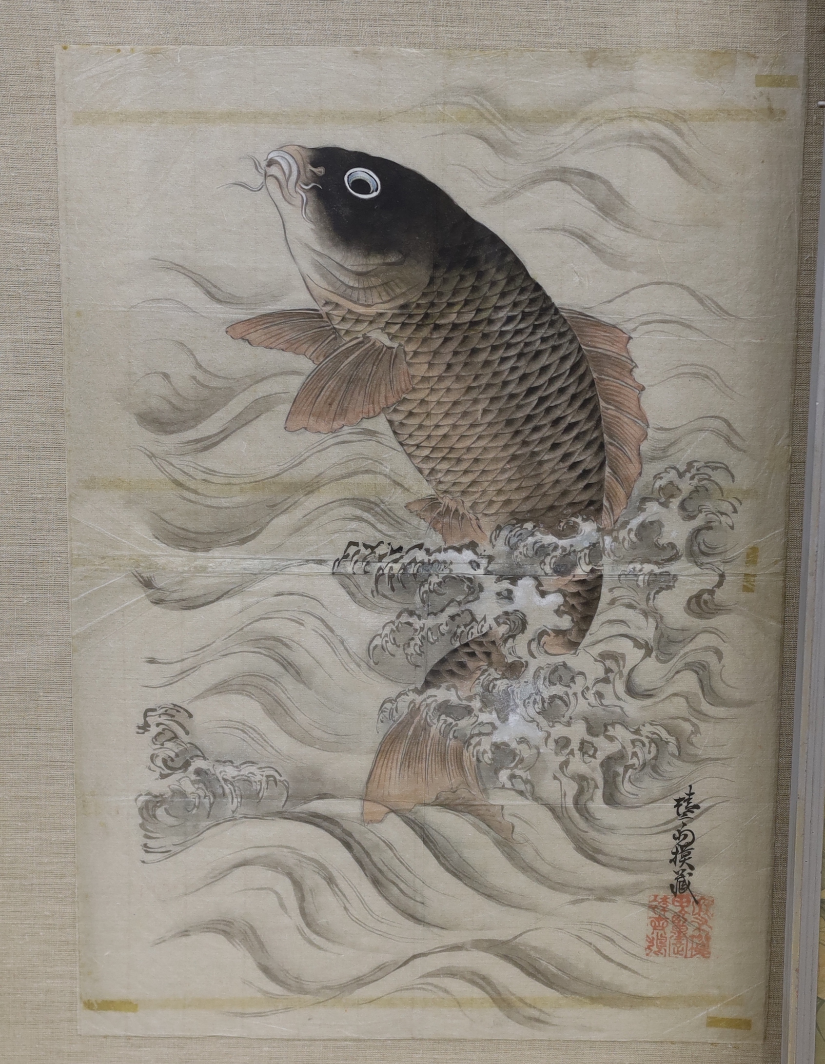 Late 19th / early 20th century Chinese watercolour on rice paper of a leaping carp and a Japanese school watercolour of quails amongst flowers, 79 x 38cm